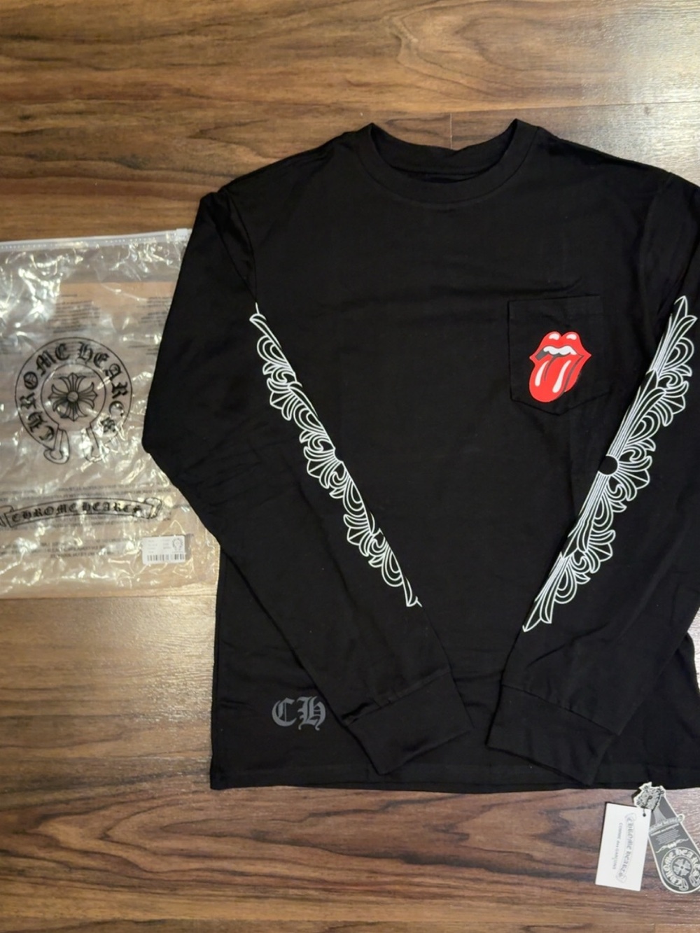 Chrome Hearts Black Long Sleeve Pocket Tee with Red Tongue Patch